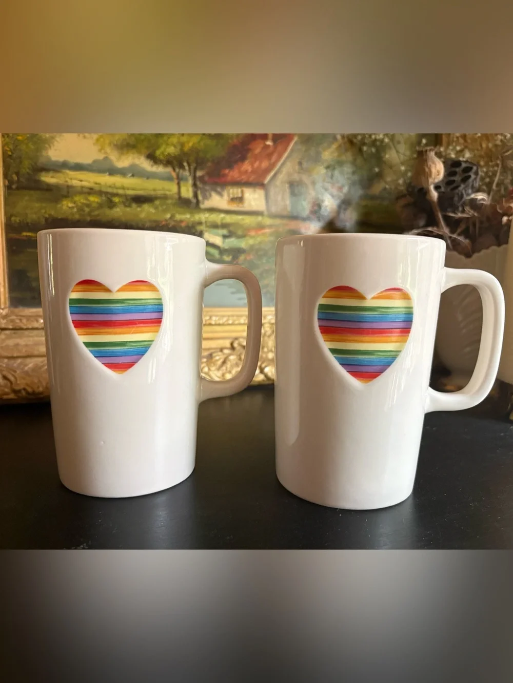2 Tall Rainbow Heart Mugs “Open Mind, Open Heart” Williams Sonoma Trevor Project